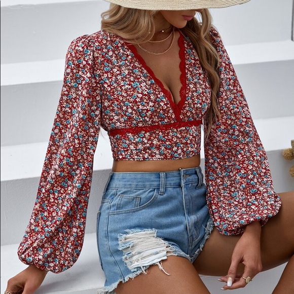 🌺 BOHO RED BLUE VNECK LONG SLEEVE CROP TOP! - Picture 1 of 6